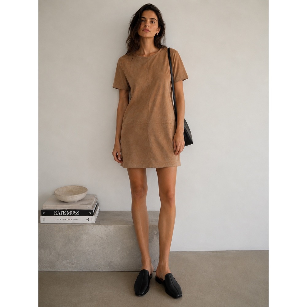 Calstyle Faux Suede Shift Mini Dress Tan Brown Short Sleeve Womens Medium